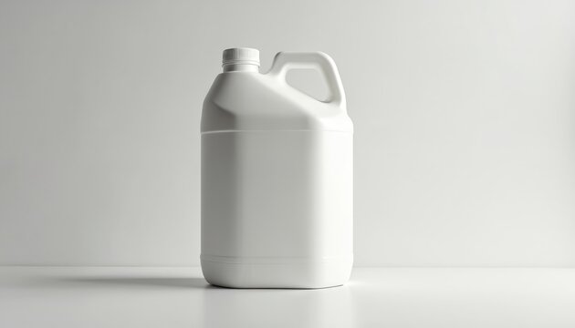 White gallon plastic jug with handle, cap isolated on white background. Versatile container for liquids like beverages, chemicals, or industrial fluids. Ideal for packaging, storage, transportation.