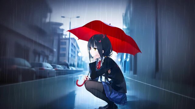Anime girl with umbrella, sitting in the rain, animated anime wallpapers for pc