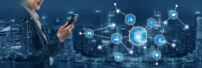 A businesswoman engages with her smartphone, surrounded by digital security icons, illustrating the importance of data protection and technology in today urban life. Tessel