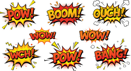 Comic, pop art, sound effects, explosion, action, boom, pow, bang, wow, ouch, wch, cartoon, graphic, colorful, dynamic, exclamation, burst, halftone, retro, impact © Jisan World