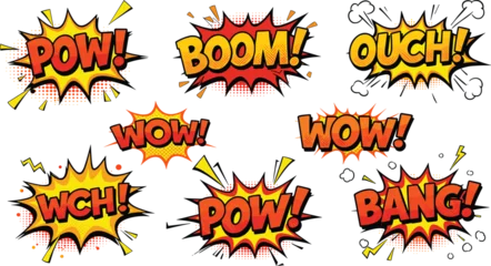 Fotobehang Pop Art Comic, pop art, sound effects, explosion, action, boom, pow, bang, wow, ouch, wch, cartoon, graphic, colorful, dynamic, exclamation, burst, halftone, retro, impact  © Jisan World