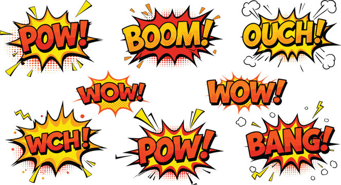 Fototapeta Comic, pop art, sound effects, explosion, action, boom, pow, bang, wow, ouch, wch, cartoon, graphic, colorful, dynamic, exclamation, burst, halftone, retro, impact