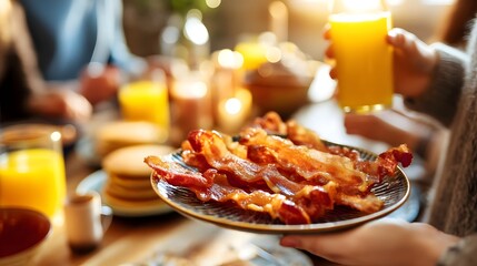 Delicious breakfast spread featuring crispy bacon, pancakes, and refreshing beverages in a cozy setting