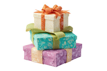 Stacked colorful gift boxes, tied with ribbons