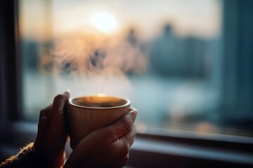 Holding a warm cup by the window during sunrise with soft steam rising into the cool morning air