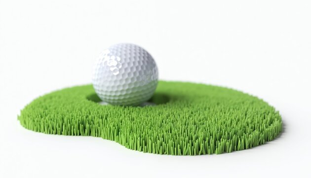 3D render illustration of golf ball on green grass field near hole isolated on white background. Sports fitness game symbol. Perfect for sport equipment advertising.