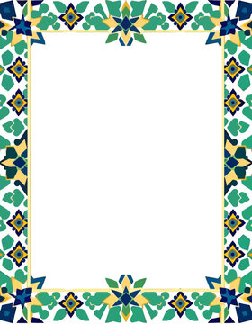 Intricate Traditional Moroccan Zellij Mosaic Border Pattern. Islamic Geometric Art Tile Design in Cobalt Blue, Emerald Green, and White.
