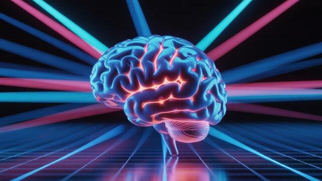 Intelligent Brain Visualization: An artistic rendering of a human brain glows with energy, interconnected by dynamic streams of light, symbolizing thought, knowledge, and innovation in a modern.