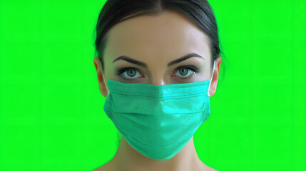 Close-up of a woman wearing a teal face mask against a solid green background.