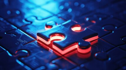Illuminated Puzzle Piece: A close-up of a glowing puzzle piece against a blurred array, radiating with red light, symbolizes concepts of connection, problem-solving, innovation.