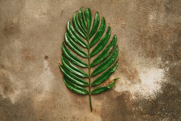 Lush palm leaf with pinnate veins rests on a textured sandy surface