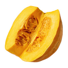 Half of a pumpkin, cut open, showing the interior.  A vibrant, pale yellow flesh is visible, contrasted against a dark orange-yellow inside.  