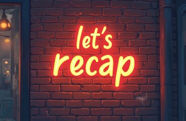 Fototapeta premium Bright yellow neon sign reads let recap against textured brick wall. Sign emits warm glow, ideal for intros, summaries, end-of-year reviews. Modern design with retro feel perfect for presentations,