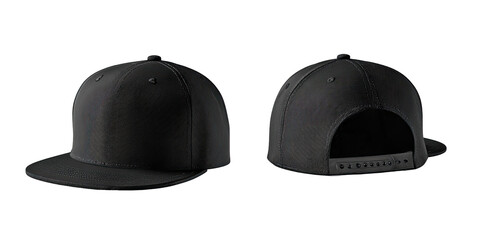 Two views of a plain black baseball cap