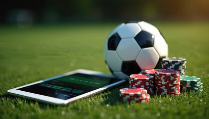 Soccer ball and casino chips on green grass. Tablet displays online sports betting interface. Concept blends football with gambling and digital technology.
