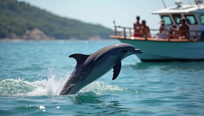 Obraz premium Dolphin leaps from blue ocean water beside tourist boat with people watching. Experience marine life during summer vacation. See aquatic animal behavior, splash, wave, coastal seascape.