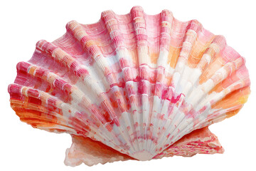 Close-up of a vibrant pink and orange scallop shell, displaying intricate, radiating ridges and mottled coloring
