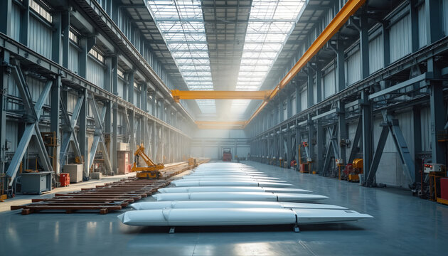 Spacious industrial plant interior with rows of large wind turbine blades ready for assembly transport. Metal structures, overhead cranes, machinery highlight advanced manufacturing processes for