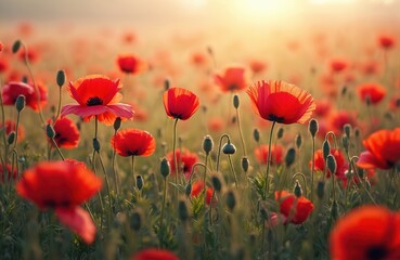 Obraz premium Vibrant field of red poppy flowers with varying sizes, orientations creates naturalistic background with sense of depth. Soft light illuminates scene, enhancing bright red petals, delicate buds