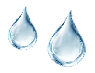 Two clear, teardrop-shaped water droplets, digitally rendered, showing light reflections and a slightly translucent quality