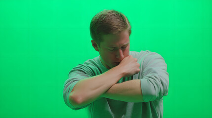 Man in light gray sweater, arms crossed, on green screen.