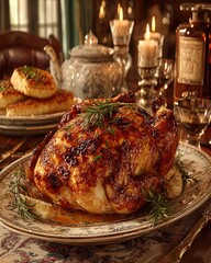 Roasted chicken on a Thanksgiving table, festive food scene, generative AI style