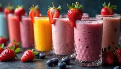 Collection of colorful, creamy smoothies, berry garnishes presented on dark background. Assortment includes raspberry, blueberry, mango, peach, strawberry flavors. Perfect for cafes, bars,