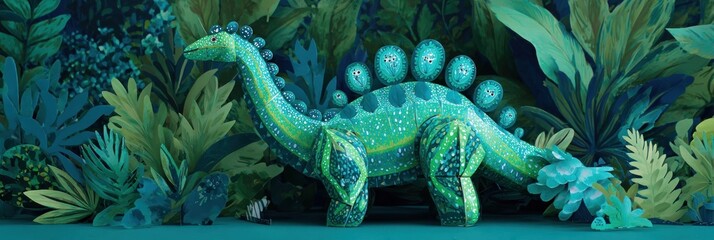 Obraz premium Decorative Green Stegosaurus Stands Among Paper Plants in a Teal Environment, Depicting an Interesting Scene