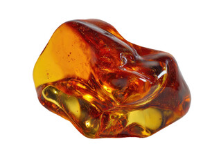 Close-up of a piece of amber, exhibiting rich, varying shades of orange and yellow.  The piece is rough-hewn, with irregular edges and a slightly bulbous shape.  