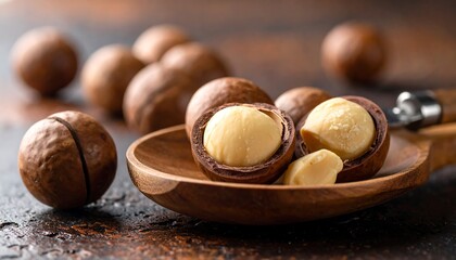 Macadamia nuts in a wooden spoon