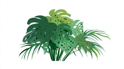A lush green illustration of tropical plants including monstera and palm fronds isolated on a white background.
