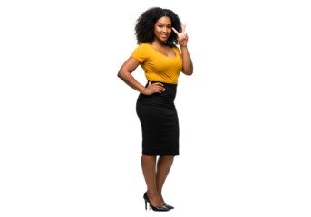 Woman with afro hair giving peace sign isolated on transparent background