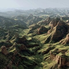 An aerial view of a vast, undulating landscape, showcasing a dramatic interplay of verdant valleys and rugged, earthy-toned mountains under a soft, hazy sky