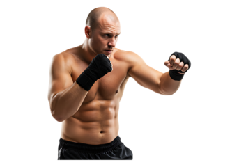 Bald muscular fighter in boxing stance isolated on transparent background