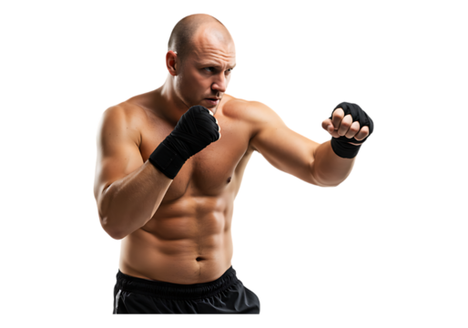 Bald muscular fighter in boxing stance isolated on transparent background
