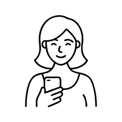 Girl with mobile phone icon – vector female user communication symbol.
