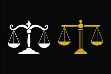 White and Gold Scales of Justice Icons on Black Background legal balance