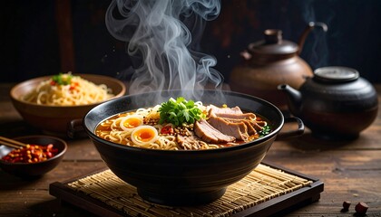 Steaming hot bowl of delicious Japanese ramen noodle soup.