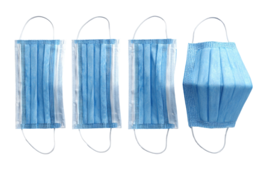 Four light-blue face masks, differing in shape, displayed horizontally