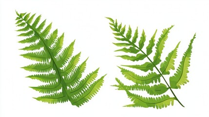 Two green fern fronds with intricate leaf patterns on a white background.