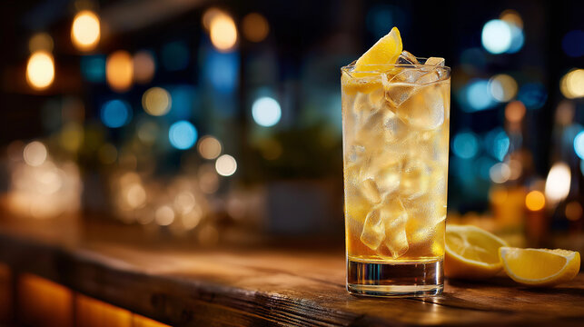 Realistic Japanese highball cocktail on wooden bar counter, filled with ice cubes, lemon wedge garnish, soft evening bar lighting
