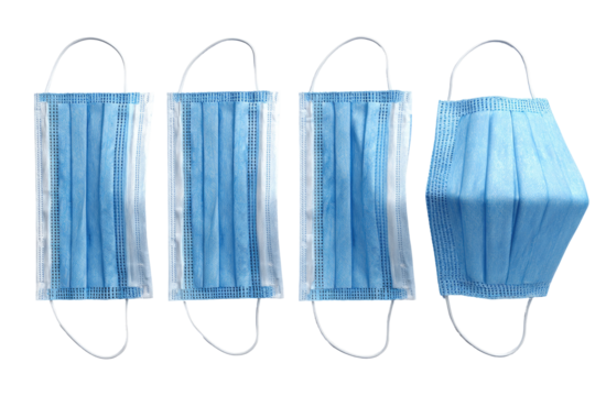 Four light-blue face masks, differing in shape, displayed horizontally