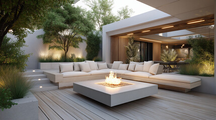 Modern outdoor patio with wooden deck, clean-lined furniture, fire pit centerpiece, surrounding greenery, evening ambient lighting 3D rendering