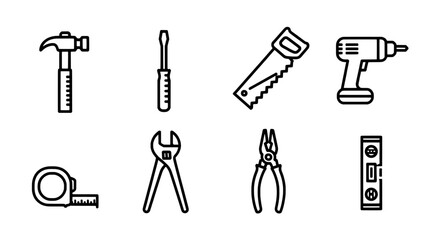 Obraz premium Handyman Tools Line Icons Hammer, Saw, Drill, Screwdriver & More