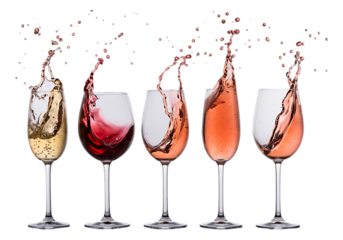 Five wine glasses with splashing wine isolated on transparent background
