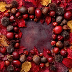 Autumnal heart-shaped arrangement of red and brown nuts, acorns, and leaves on a dark background