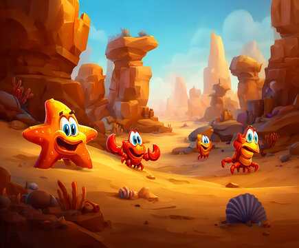 cheerful summer background with scattered cartoon-style sea creatures (e.g., starfish, crabs