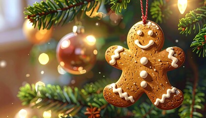 Festive gingerbread man ornament on a Christmas tree