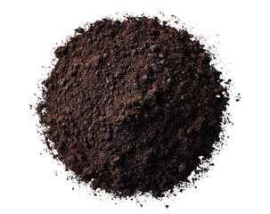 A dark, rich mound of soil,?perfectly?circular,?isolated against a black background