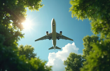 Eco plane flies above green trees with sun and clouds. Sustainable air travel concept, clean energy aviation, future transportation, airliner in sky. Modern, clean air transport among nature.